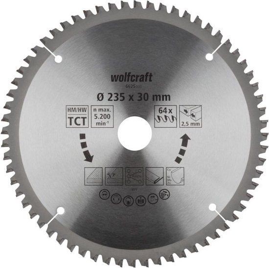 wolfcraft Handcirkelzaagblad HM, 64 tanden, 235 x 30 mm