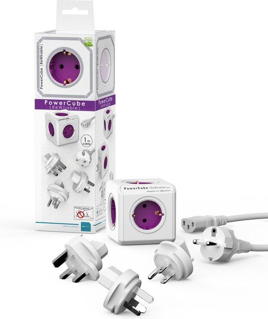 PowerCube ReWirable Reisstekker - 5 stopcontacten - Wit/Paars