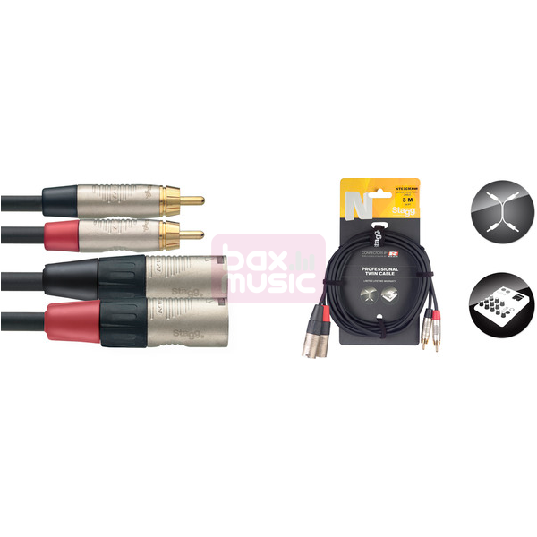 Stagg NTC3CMXMR - Adapterkabel - 2 x RCA-male naar 2 x XLR-male - 3 m