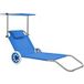 Chaise longue pliable bain de soleil transat de relaxation avec auvent et roues acier bleu 647733