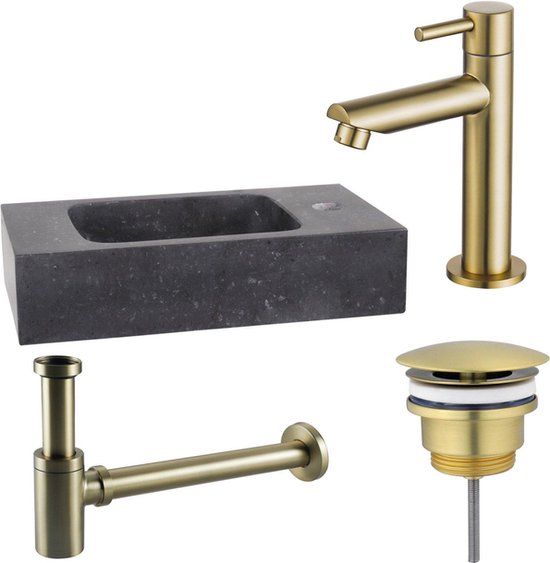 Fortifura Fuente fonteinset - 40x22x9cm - 1 kraangat - natuursteen - fonteinkraan messing geborsteld - zwart
