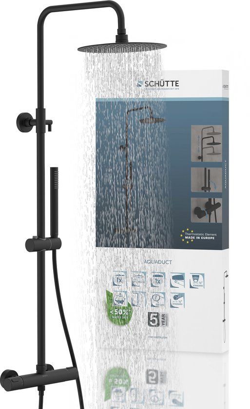 Schütte AQUADUCT Douchesysteem - Regendouche - Lengte Stang 80 - 120 cm - Met Thermostatische Mengkraan - Mat Zwart