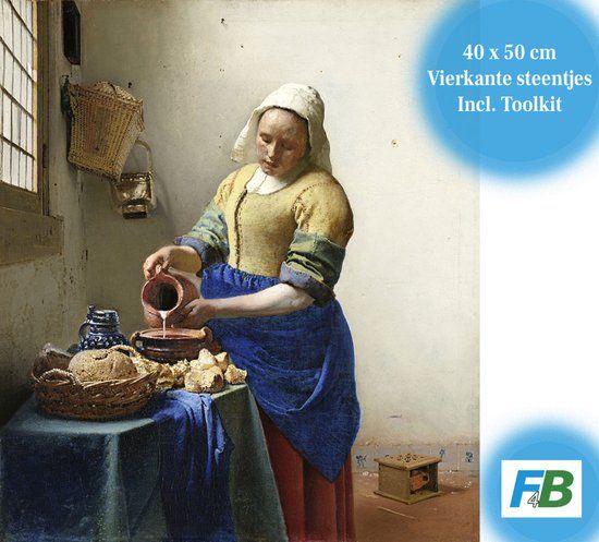 F4B Het Melkmeisje Diamond Painting 40x50 cm | Vierkante Steentjes | Johannes Vermeer | Diamond Painting Pakket Volwassenen | Volledig Dekkend | Kunst