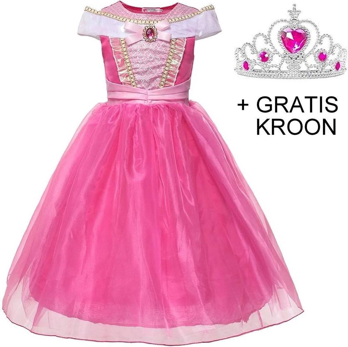 Spaansejurk NL Doornroosje jurk Prinsessen jurk verkleedjurk Luxe 122-128 (130) fel roze + kroon verkleedkleding