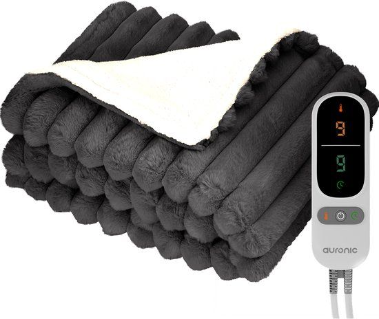 Auronic Elektrische Deken - 160 x 120cm - 1 Persoons Warmtedeken - 3 Warmtestanden - Verwarmingsdeken - Pluche - Antraciet