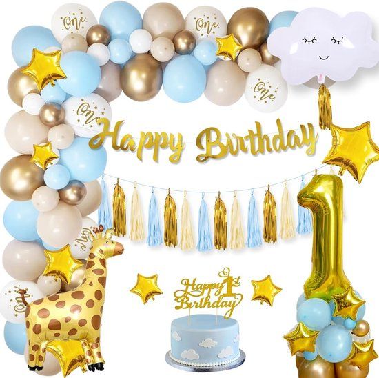 FeestmetJoep® 1e Verjaardag Jungle & Dieren Feestversiering - Blauw & Goud