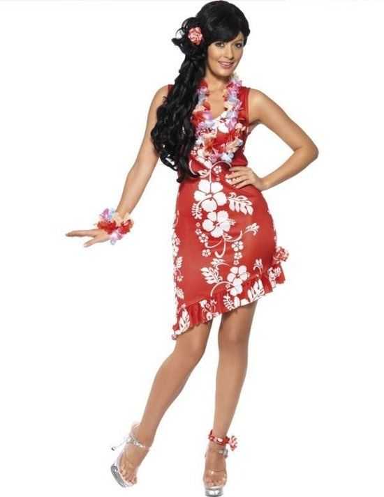 Smiffys Hawaiian Beauty kostuum - Rood jurkje met witte bloemen + enkelband en elastiek met bloem - maat 38/40