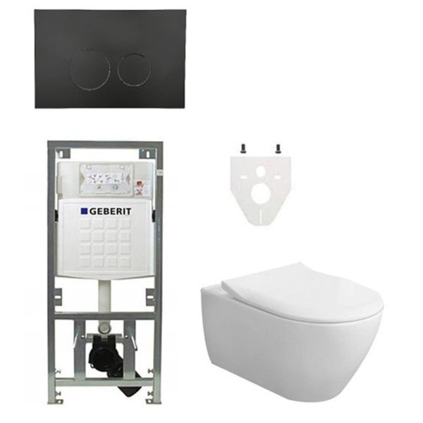 Villeroy & Boch Villeroy en Boch Subway 2.0 DirectFlush CeramicPlus toiletset slimseat zitting met Geberit reservoir en bedieningsplaat met ronde knoppen mat zwart 0701131/SW706188/ga26033/ga91964/
