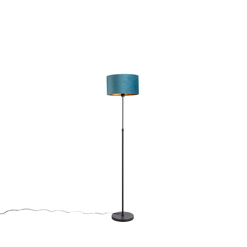 QAZQA Parte Vloerlamp - Zwart - Blauwe Velours Kap - Goud - E27