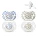 Suavinex Lot 4 Sucettes pour Bébés 6/18 Mois Brillent dans le Noir avec Anneau Fluorescente Idéal Nuit Tétine Symétrique SX Pro en Silicone Réversible Plate et Souple Bleu