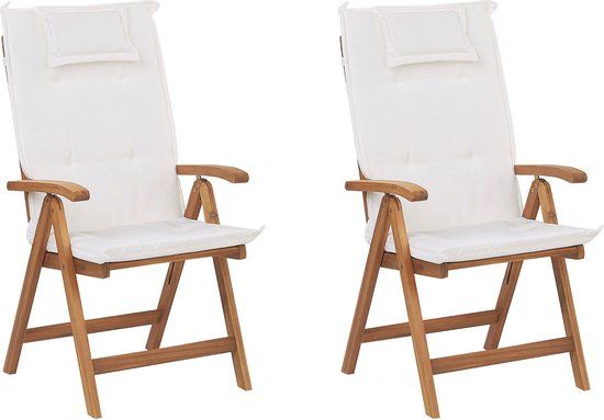 JAVA - Set of 2 Acacia Wood Garden Chairs - Light Wood/White - with Cushions