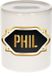 Spaarpot Phil - wit - met goud/zwart embleem - 8 x 9 cm - keramiek - met afsluitdop - cadeau verjaardag
