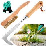 Désherbeuse de terrasse - Manche en bois - Set de 2 - Avec gants - Pour entre les dalles et le pavé