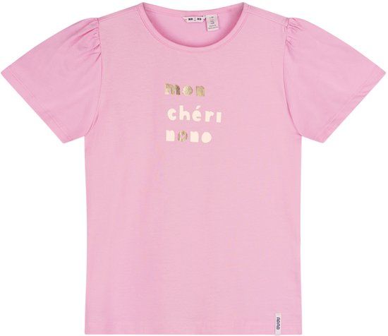 NONO N502-5400 Meisjes T-shirt Roze Biologisch Katoen Korte Mouw Ronde Hals Pofmouw Maat 158/164