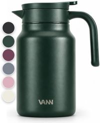 VANN® 3-wandige RVS Thermoskan 1.5L – Isoleerkan – Schenkkan met Drukknop – Voor Koffie, Thee, IJswater & Meer – VANN® Family Jug – Dark Forest Green
