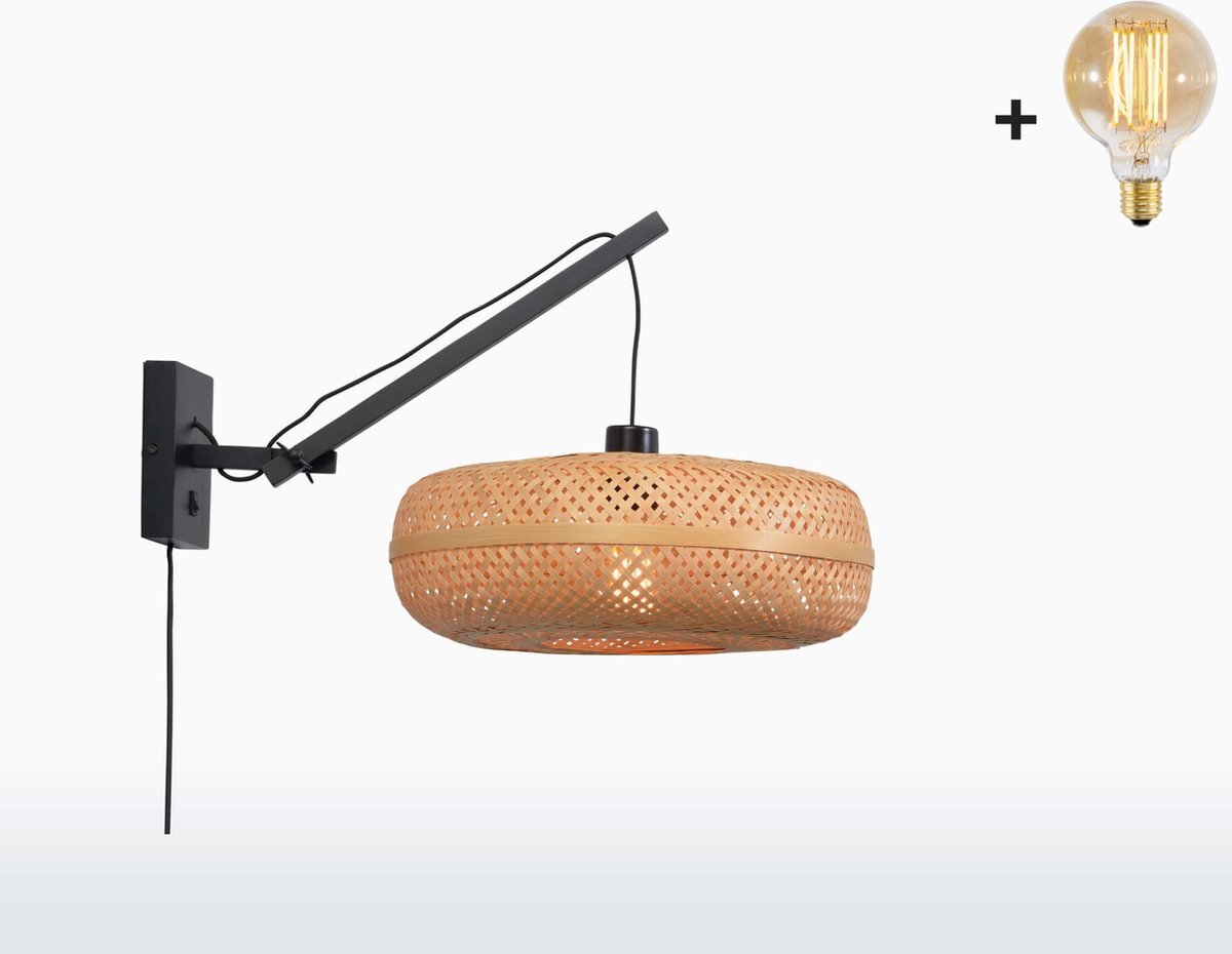 Good&Mojo Wandlamp met Korte Arm - PALAWAN - Zwart Bamboe - Naturel Kap - Small (40x15cm) - Met Gloeilamp