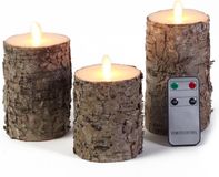 Anna's Collection Luxe berkenhout kleur LED stompkaarsen met afstandsbediening - Set van 3