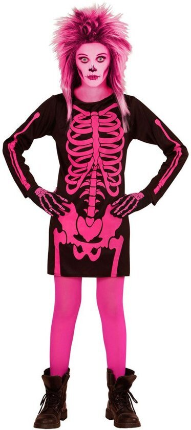 - Spook & Skelet Kostuum Korte Jurk Skelet Kind Roze Meisje Maat 128 Halloween Verkleedkleding