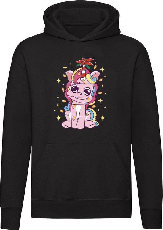 Sol's Unicorn Kerst Hoodie | Kersttrui | Kerstboom | Lampjes | Trui | Unisex - 3XL - Zwart