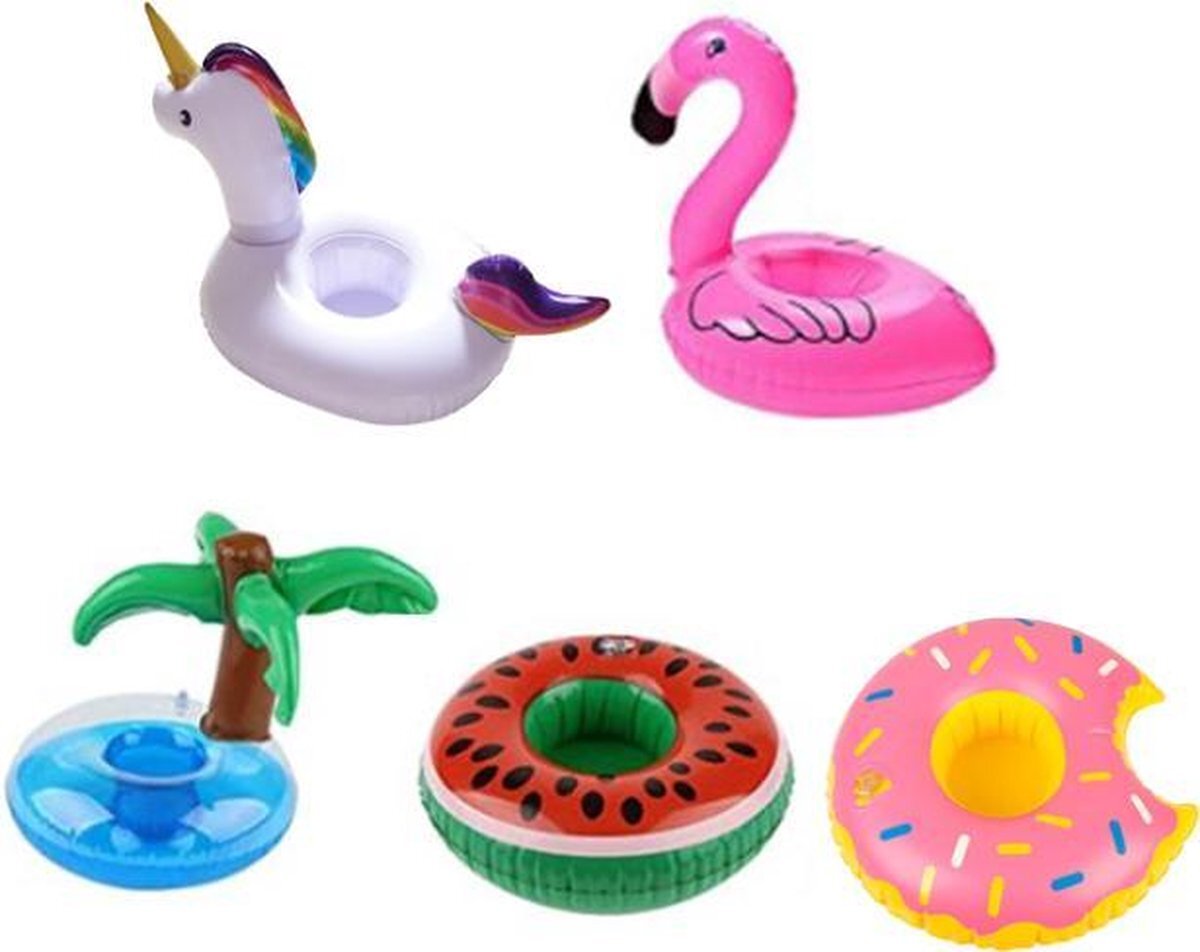 HR Accessories Set Van 5 - Opblaasbare Bekerhouder Set - 5 stuks - 21x25 cm - Opblaas Drankhouder - Opblaasartikel - Eenhoorn, Palmboom, Donut, Flamingo, Watermeloen - Zwembadaccessoire - Drankhouders - Bekerhouders - Opblaasartikelen - Opblaasfiguur