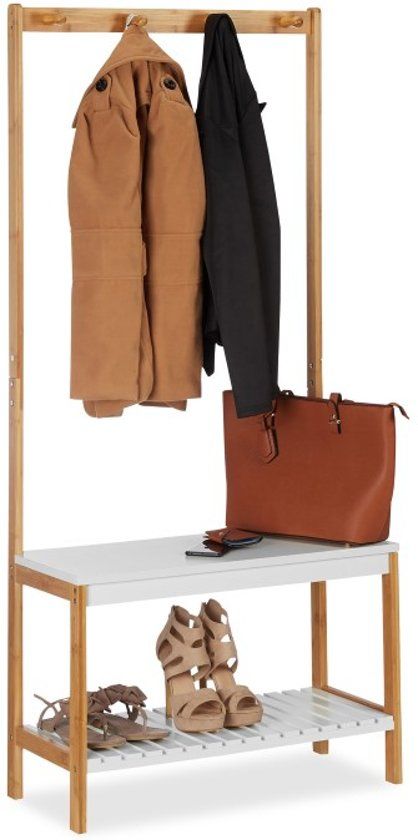 Relaxdays Garderobe standaard met schoenenrek en jashaken - wit/lichtbruin