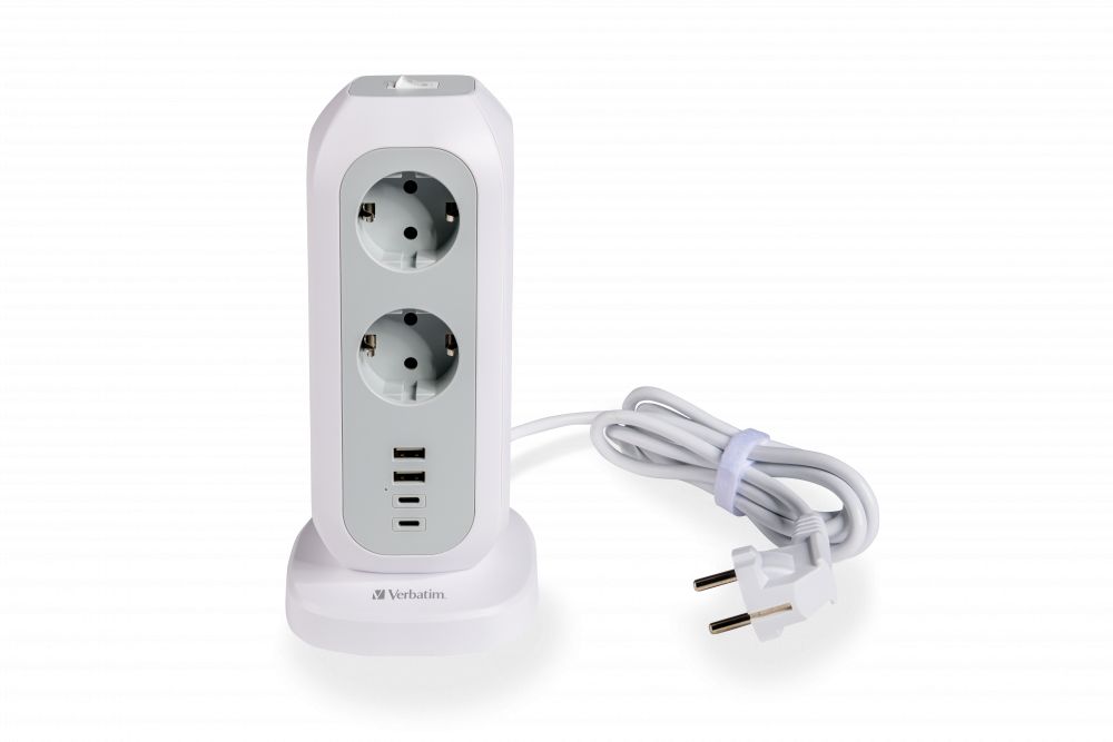 Verbatim Power Tower - 11 AC Outlets, 4 USB Ports (2x USB-A, 2x USB-C) - White