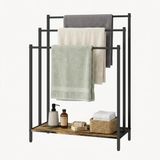 Relaxdays handdoekrek met plank, industrieel, staand, 3 stangen, donkerbruin/zwart, 81x60x28 cm