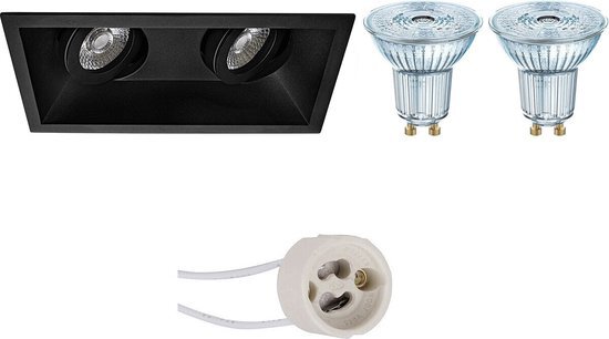 Osram Voordeelset - LED Spot Set - Parathom PAR16 927 36D - Pragmi Zano Pro - GU10 Fitting - Dimbaar - Inbouw Rechthoek Dubbel - Mat Zwart - 3.7W - Warm Wit 2700K - Kantelbaar - 185x93mm