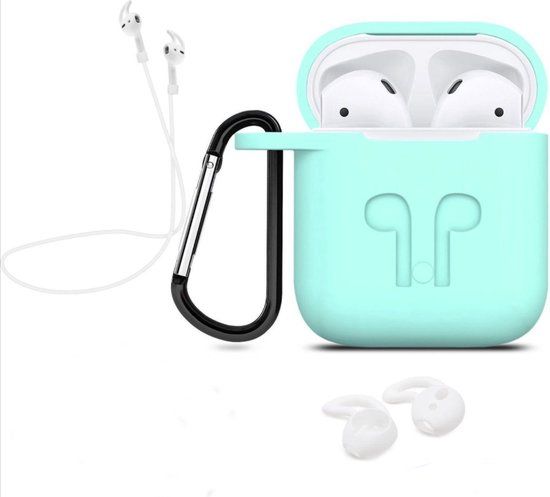 Heble® Siliconen Beschermhoesje voor Apple AirPods 1&2 - Mint - Met Karabijnhaak & Earhoox - Heble®