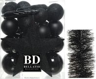Decoris Shoppartners Bv Kerstversiering kunststof kerstballen 5-6-8 cm met ster piek en folieslingers pakket zwart 35x stuks