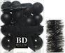 Decoris Shoppartners Bv Kerstversiering kunststof kerstballen 5-6-8 cm met ster piek en folieslingers pakket zwart 35x stuks