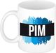 Bellatio Decorations Pim naam cadeau koffie mok - beker - met blauw verfstrepen - Cadeau collega - vaderdag - verjaardag - meester - coach - 300 ml - wit