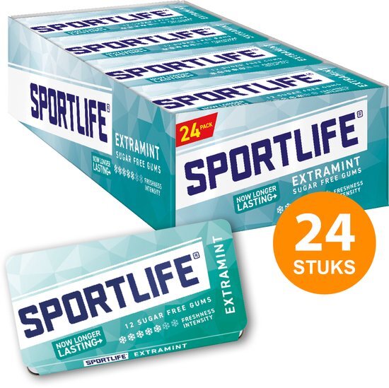 Sportlife Extramint Gum doos suikervrije kauwgom - verfrisser - voordeelverpakking met 24 pakjes &#224; 18 g