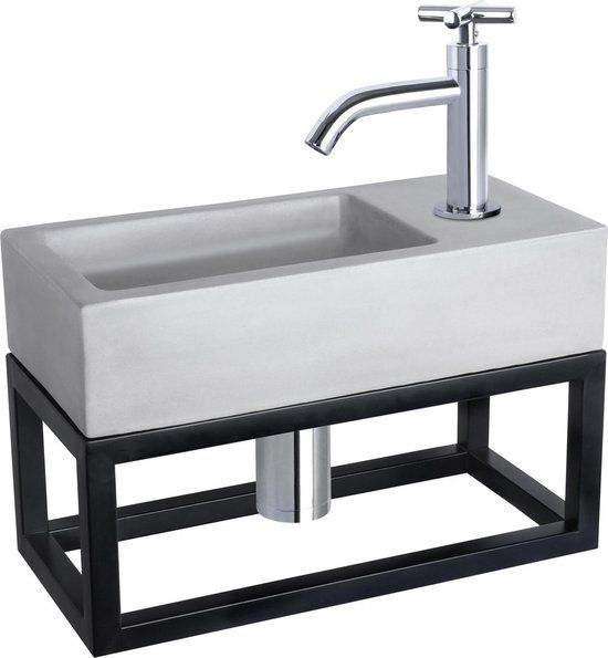 Differnz Ravo Fonteinset - Beton - Lichtgrijs - 38.5x18.5cm - Met Handdoekrek - Chroom Kraan