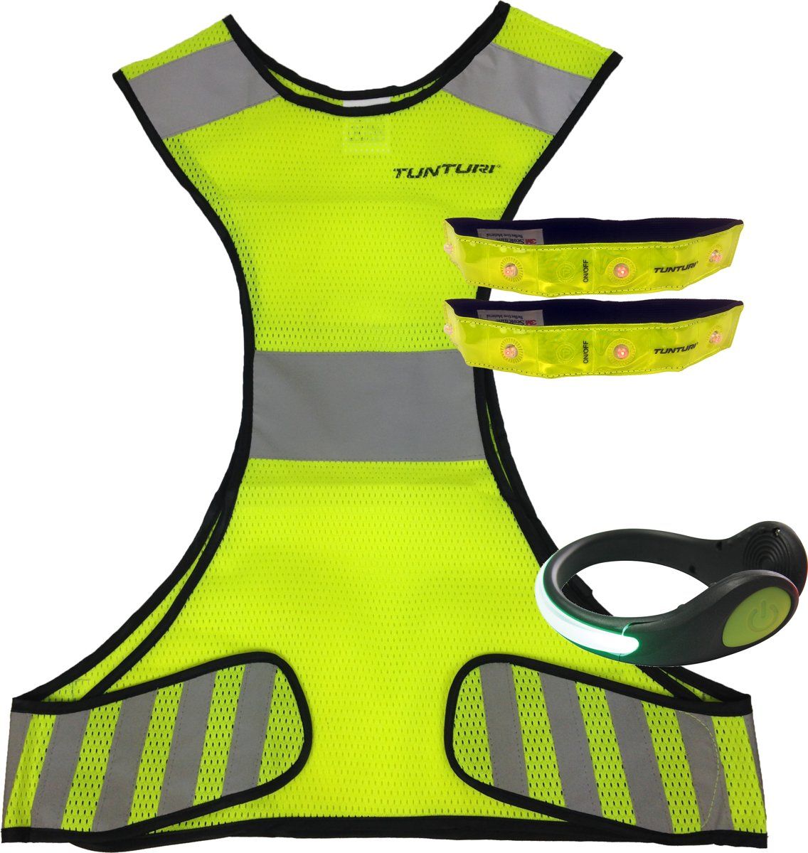 Tunturi Verlichting en reflectie set - LED - 4 Delig - Maat L - Hardloopvest - Jogging reflectie vest - Hardloop verlichting