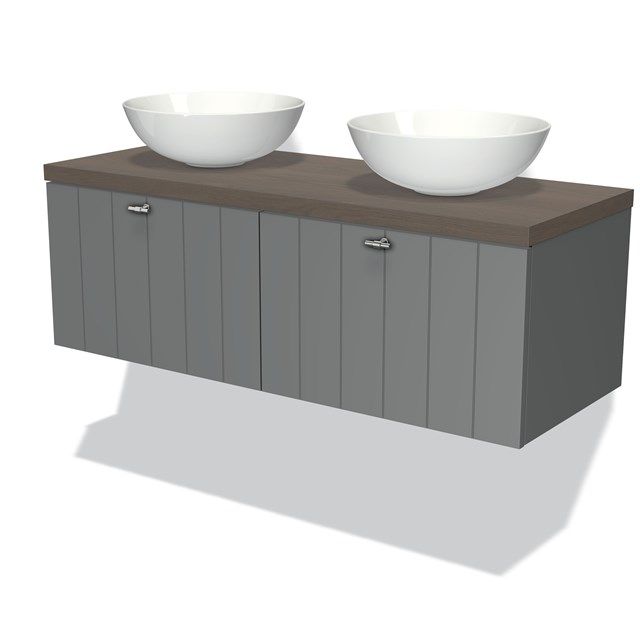 Maxaro Badkamermeubel voor Waskom 120cm Modulo Plato Middengrijs 2 Lades Lamel Donkerbruin Eiken Blad