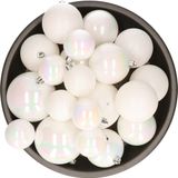 Decoris Kerstballen kunststof - parelmoer wit - 6-8-10 cm - mix mat en glans - 38 stuks - met ophangdraadjes