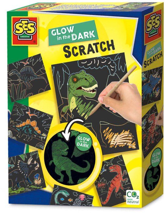 SES Creative Glow in the dark scratch - Dinos - 6 kaarten om te scratchen met houten stokje
