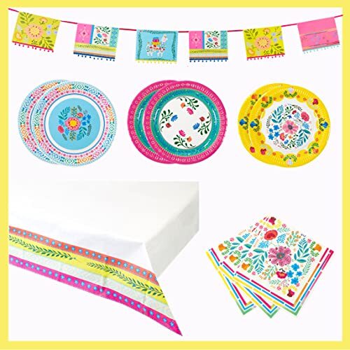 Talking Tables Talking Tables Boho Party Pack-Inclusief kleurrijke bloemen borden, 12 x mooie servetten, 1 x prachtige gors, 1 papieren tafelhoes | Ideaal voor Encanto thema verjaardag, zomer BBQ, festival