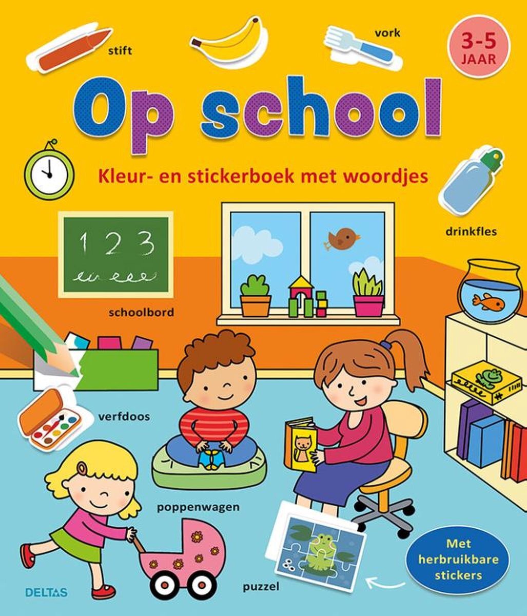 Deltas Kleur-en stickerboek met woordjes - Op school (3-5 j.)