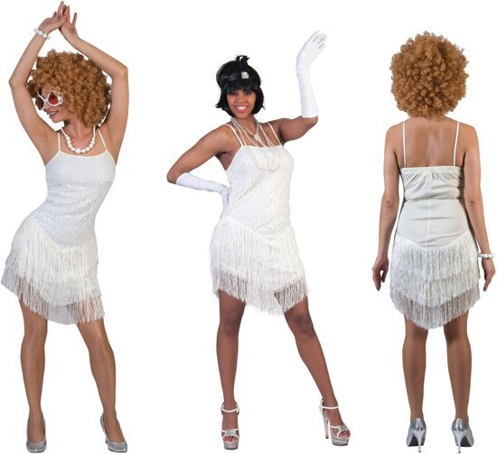 Funny Fashion Glitter & Glamour Kostuum Glitter Fancy Flapper Jurk Wit Vrouw Maat 32-34 Carnaval kostuum Verkleedkleding