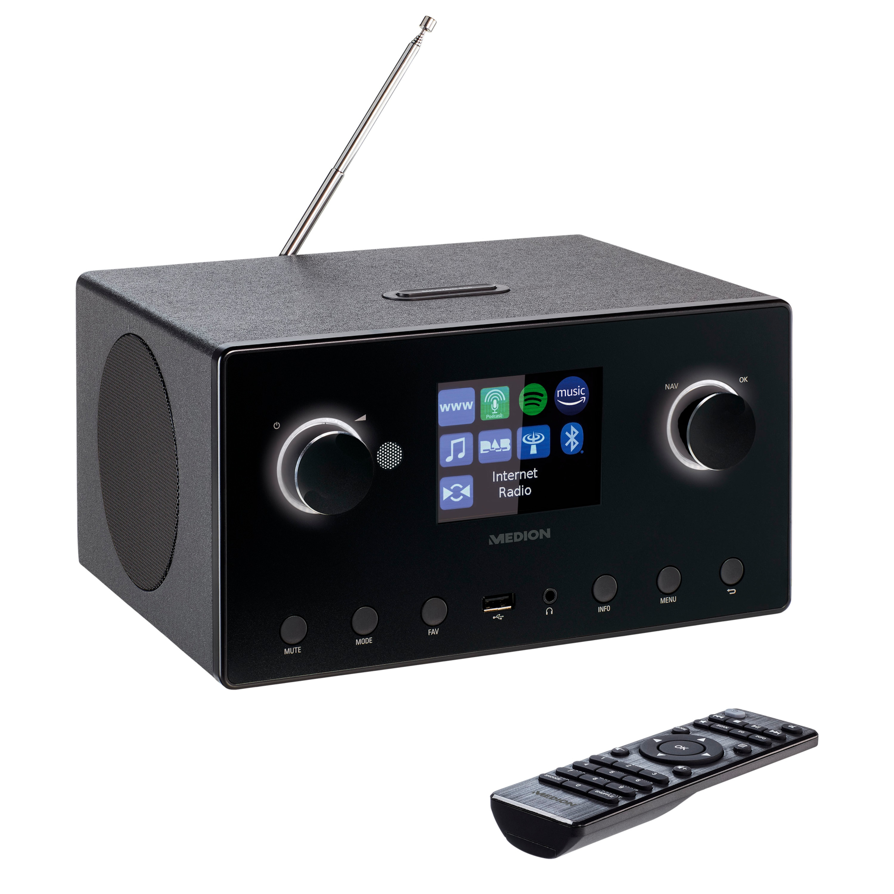 MEDION LIFE&#174; P85444 2.1 internetradio | 8,1 cm (3,2 inch) TFT-scherm | meer dan 25.000 internet radiostations &amp; vele podcasts ontvangen | DAB+/UKW-radio (elk 40 voorkeurszenders) | Bluetooth&#174; | WLAN | 2 x 7,5 W + 15 W subwoofer RMS