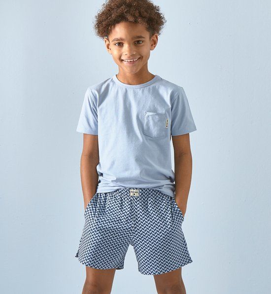 Little Label Pyjama Jongens Maat 122-128/8Y - Lichtblauw - Gestreept - Shortama - 95% Biologisch Katoen
