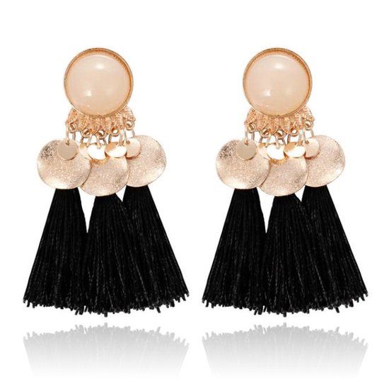Deja Jewels Tassel Oorbellen met Elegante Steen - Zwart