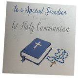 Wit Cotton Cards XN89GS Grote handgemaakte kaart met tekst "To A Special Grandson On Your 1st Holy Communion", blauwe bijbelkaart