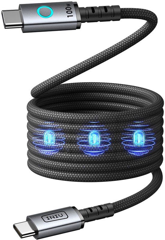 Iniu, Magnetische USB-C naar USB-C Kabel 100W - Leopard Series 5A PD - 1.2m, Zwart