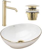 REA Sofia Opzetwastafel White Wit + Wastafelkraan Lungo High Goud + Kurk Goud