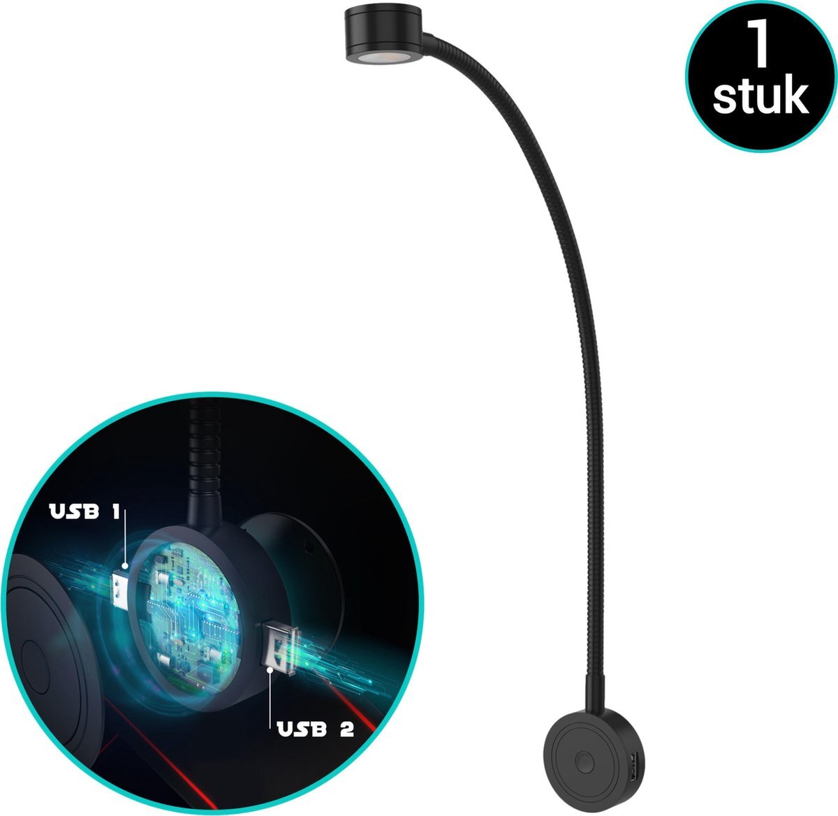 Bolt Electronics® Leeslamp 1 stuk – Bedlamp met 2 USB's - Nachtlampje voor Volwassenen - Wandlamp met Dimfunctie - Zwart