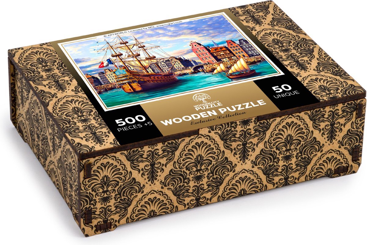 Wooden City Houten puzzel 500 +5 stukjes - Oude schepen in de haven - Uniek ongebruikelijk met gevormde stukjes - Uitdagende mozaïekpuzzel voor kinderen en volwassenen - Geweldige verjaardag