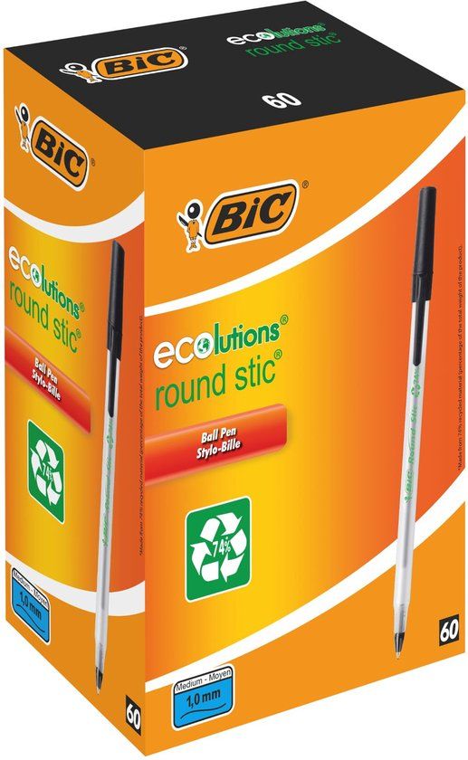 BIC Ecolutions Round Stic Balpen - Zwart - Medium (1.0 mm) - 60 stuks